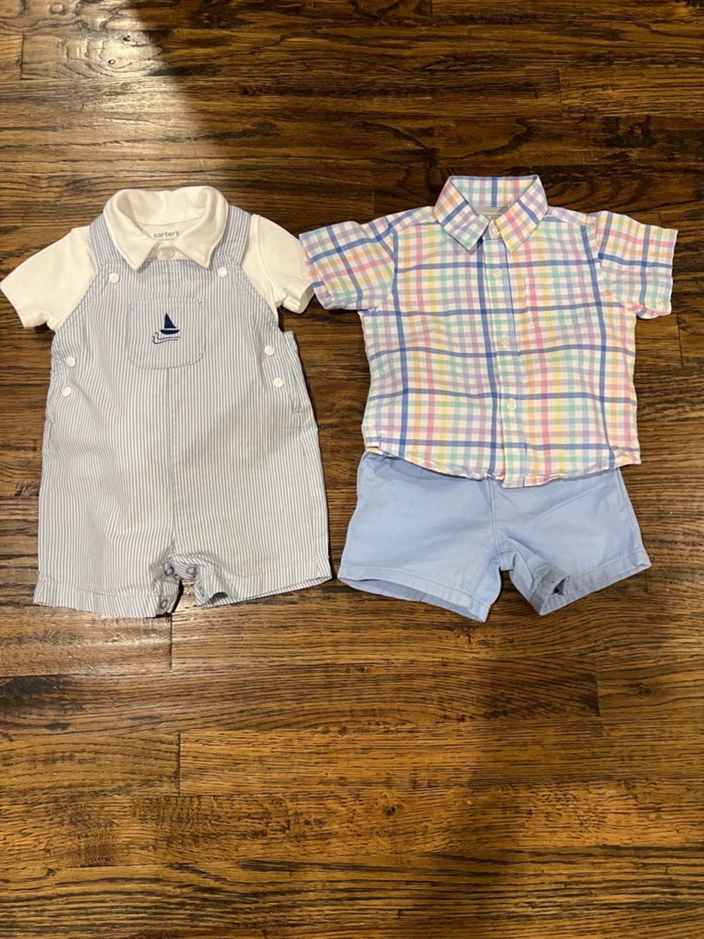 Carter's Blue Pinstripe Sailboat Romper + Childrens Place Pastel Plaid Set